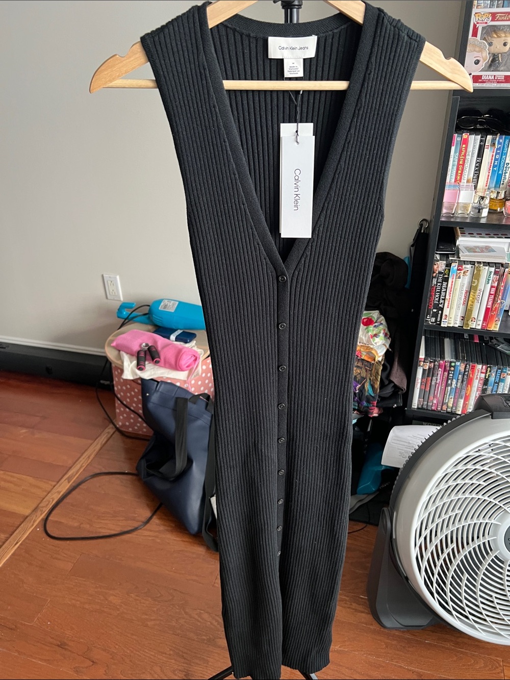 Calvin Klein Black Ribbed Button-Front Midi Dress